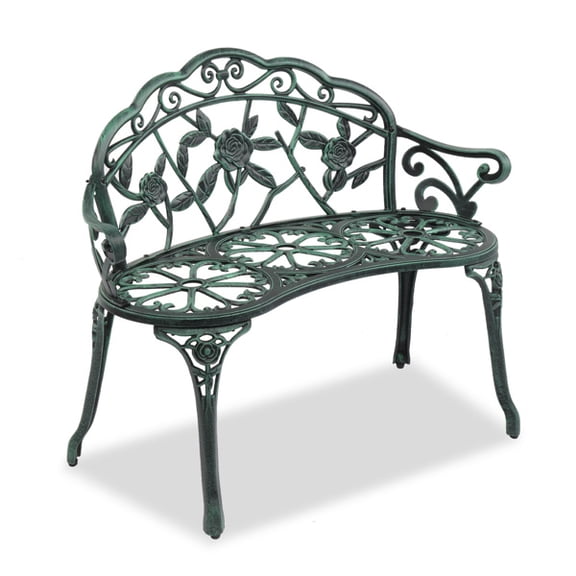 Outdoor Cast Aluminum Patio Bench with Rose Pattern, 39" Antique Green Garden Bench with Rust-Resistant Finish