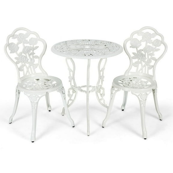 Outdoor Cast Aluminum Patio Furniture Set, Outdoor Patio Rattan Conversation Bistro Set with Rose Design-White