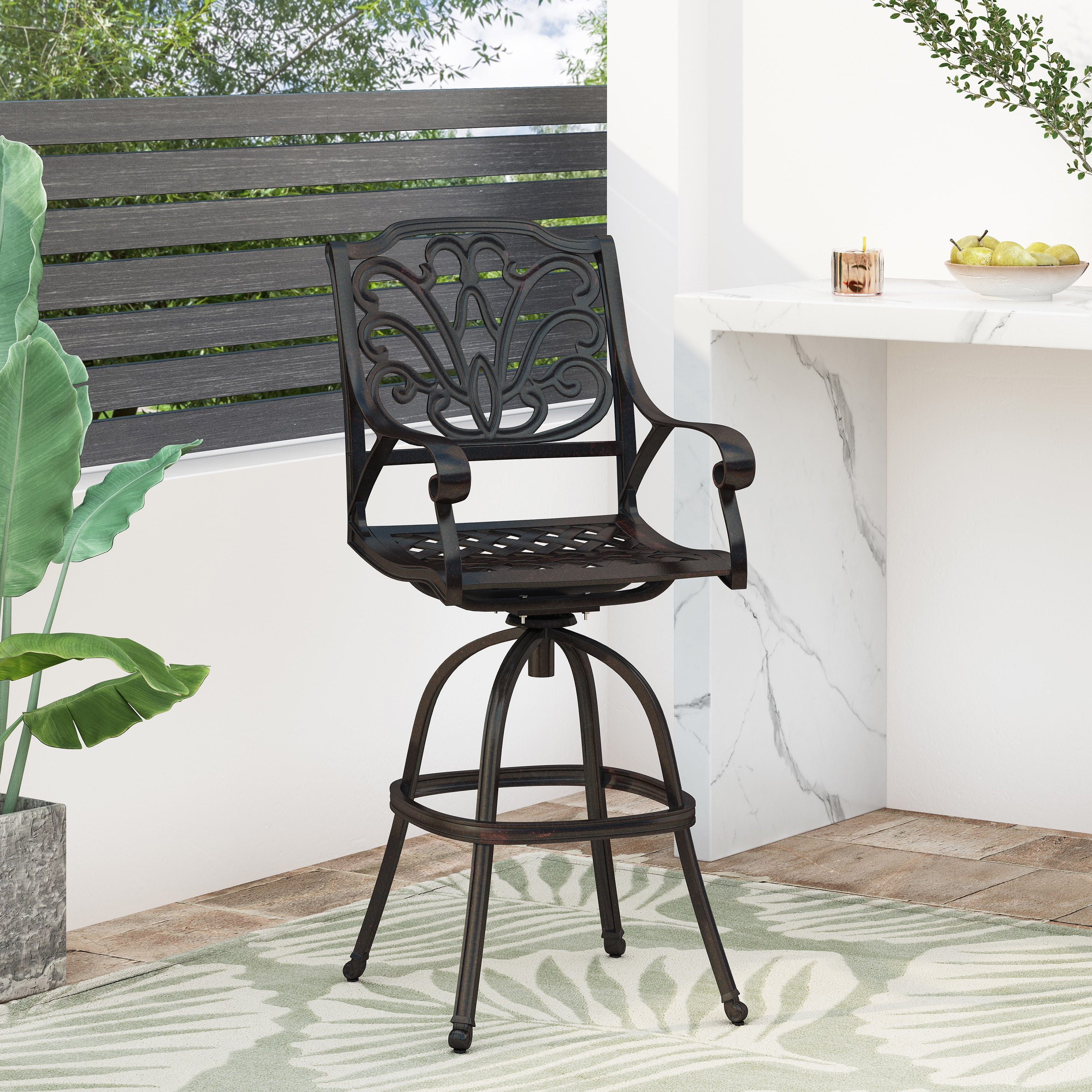 Outdoor Cast Aluminum Swivel Bar Stool, Rotatable Height Leisure Seat for Patio Garden, Bronze