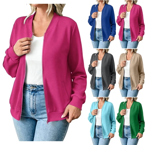 Outdoor Casual Bomber Jackets Women's Solid Color Casual Sporty Winter/Outerwear Fashion Zippered Long Sleeve Pocket Sweatshirt Hot Pink Xxl