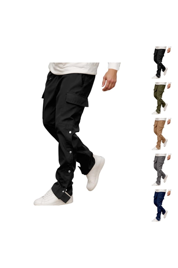 Outdoor Casual Pants for Men Elastic Waist Drawstring Loose Fit Side Button Closure Slit Long Pants Trousers