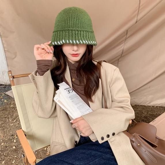 Outdoor Casual Vintage Christmas Gifts Female Bonnet Winter Accessory Women Girl Wool Fisherman Hat Lady Panama Cap Bucket Gorros Knitted Basin Hat Short Brim Stitching Beanie GREEN M(56-58CM)