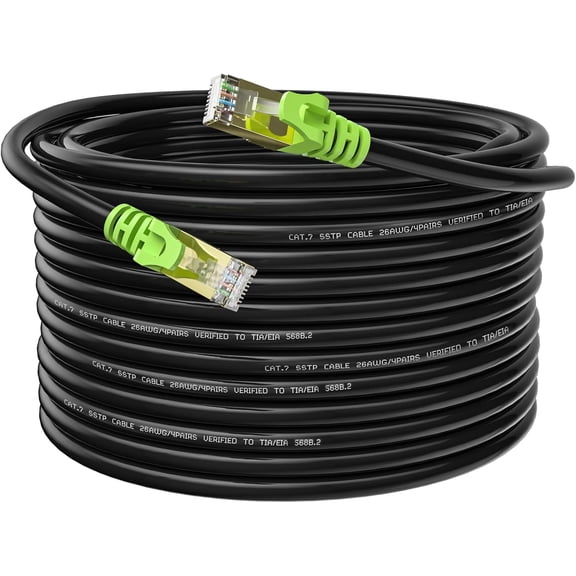 Outdoor Cat 7 Ethernet Cable 100ft, 26AWG Heavy-Duty Cat7 Networking Cord Patch Cable RJ45 Transmission Speed 10GbpsTransmission Bandwidth 600Mhz LAN Wire Cable SFTP Waterproof Direct Burial