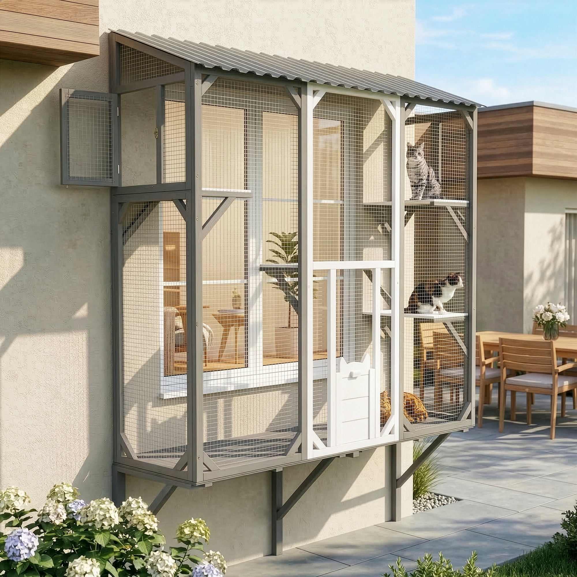 Outdoor Cat Catio Cat Climbing Catio Window Cat House Cat Patio Enclosure with Platforms for 1-3 Cats, Grey+White