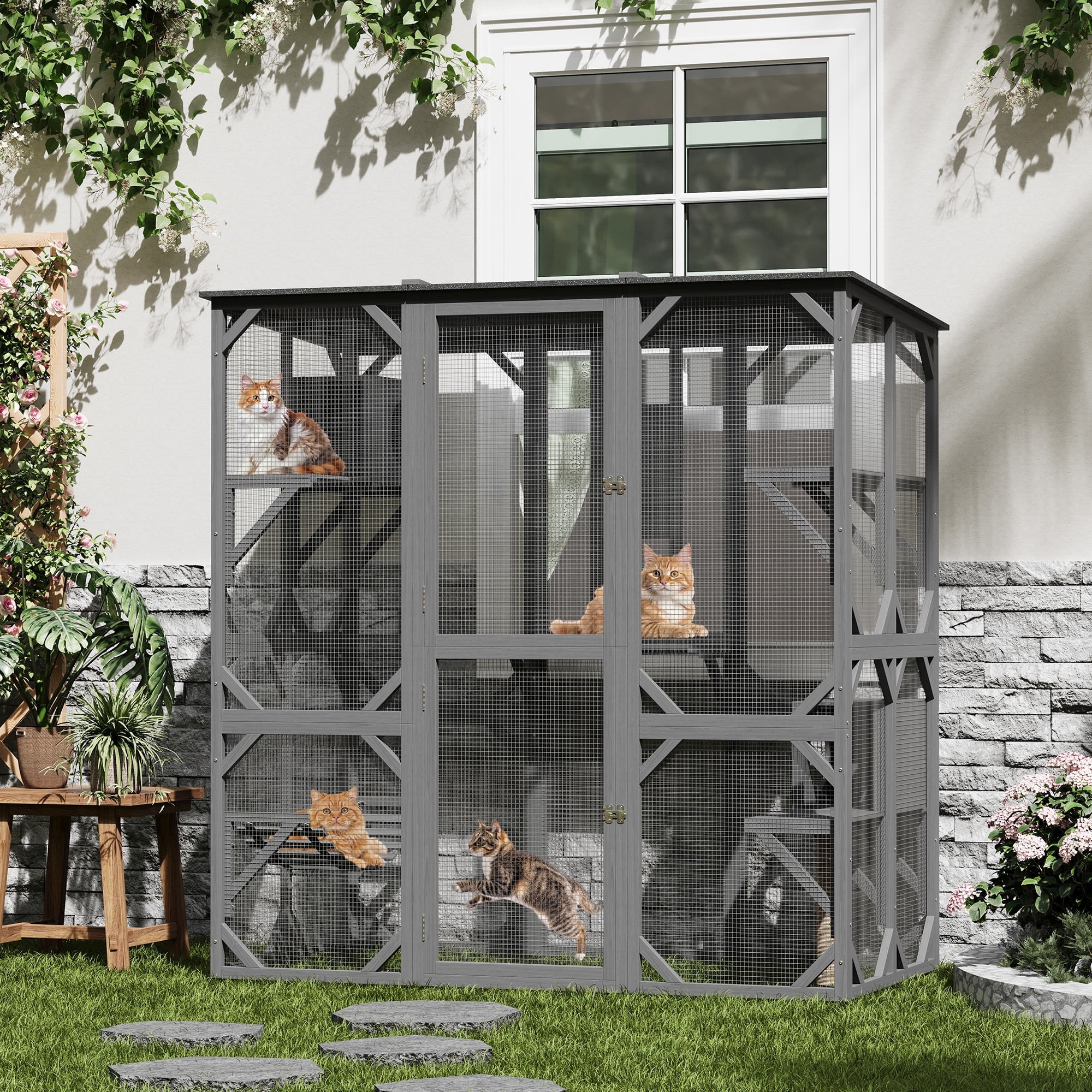 GARVEE Outdoor Cat Catio Enclosures Large Wooden Cat House Patio for Indoor Cats Feral Cat Shelter with Doors, 2 Resting Rooms, 4 Platforms, Removable Waterproof Cover