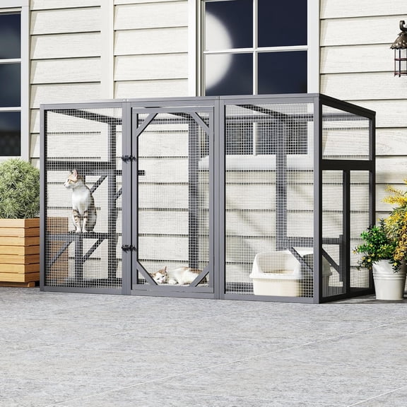 Outdoor Cat Catio House, Wooden Cat Habits with 3 Platforms, Lockable Doors, Top PC Sun Roof, Patio Yard Window Enclosures, Weatherproof, Gray