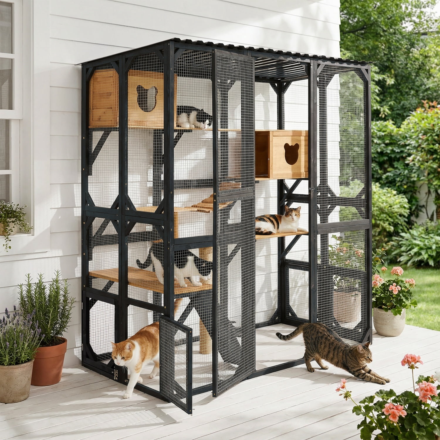 Outdoor Cat Enclosure Fir Wood Catio Cat House Patio Cat Playpen with Sleeping Houses, Jumping Platforms, Scratching Post and Secure Doors for Cats, Black+Brown