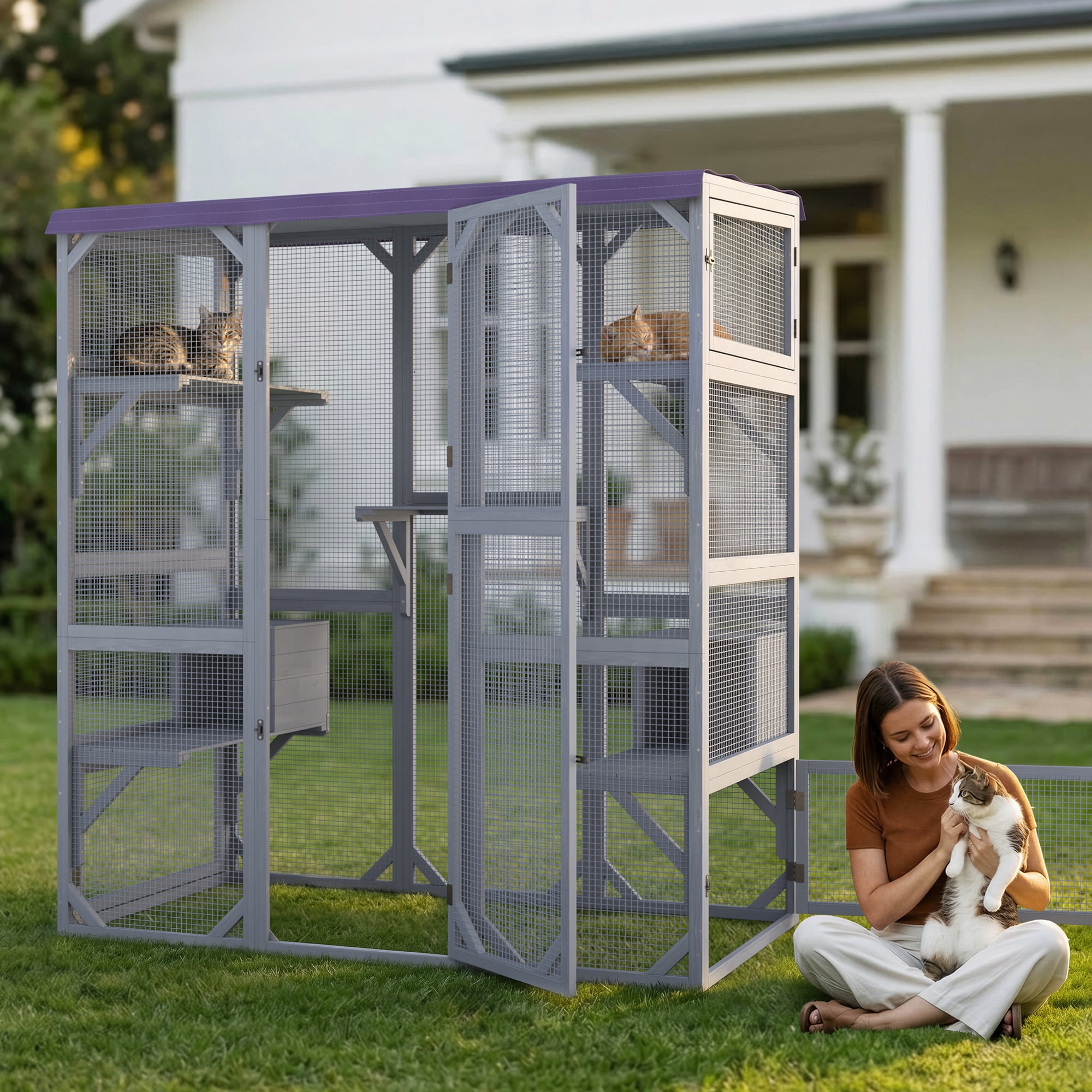Outdoor Cat Enclosure, Lofka 70 Inch Large Walk-in Outdoor Catio, Weatherproof Cat Enclosure for Multiple Cats, Tarp Roof Kitty Playpen Cage for Patio & Garden, Grey