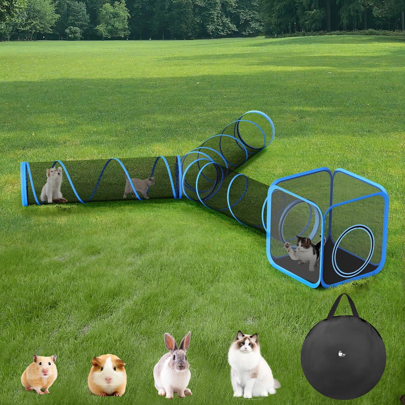 Outdoor Cat Enclosures For Cats Indoor  Patio Portable Mesh Tunnel Playhouse With Free Carry Bag Multiple And Small Animals Blue + Black