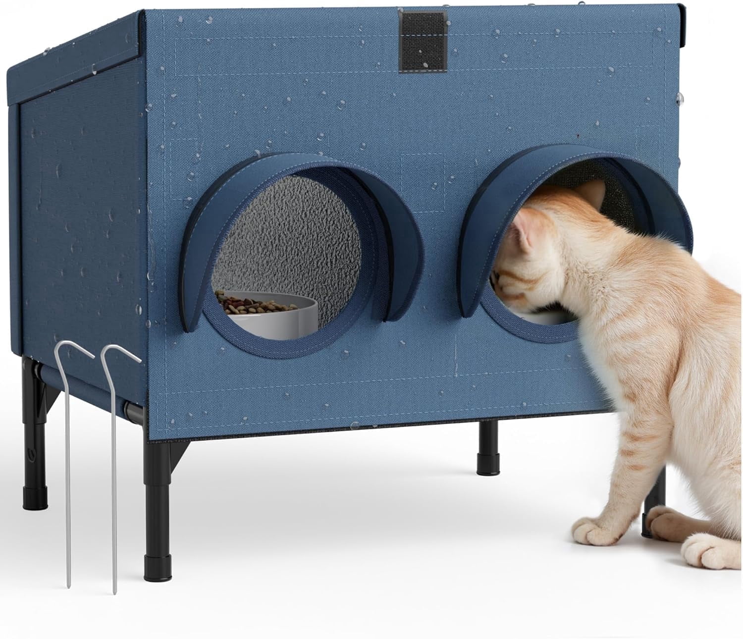 Outdoor Cat Feeding Shelter for Feral & Stray Cats, Insulated Dining Room with Slanted Roof & Double Feed Hole, Connects to PELUOMOZ Cat Houses, Windproof & Weatherproof – Navy Blue, 16"×12"×15.5"
