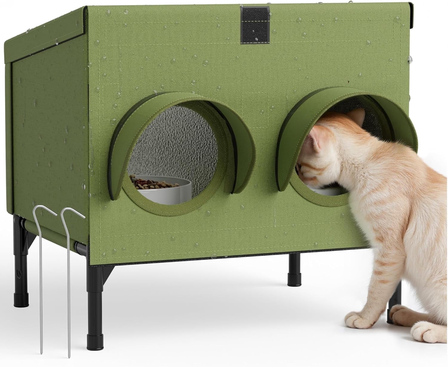 Outdoor Cat Feeding Station – Waterproof Dining Shelter for Feral & Community Cats, Insulated Roof & Walls, Dual-Feed Hole Design, Connects to Cat House – Green, 16"×12"×15.5"