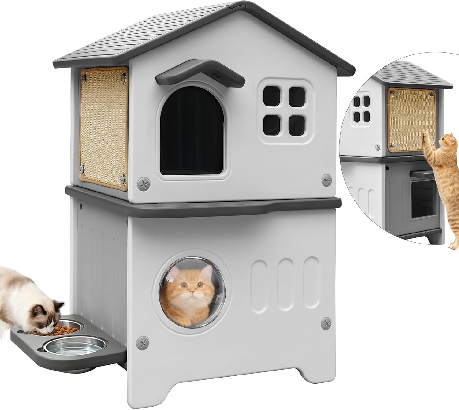 Outdoor Cat House, 2-Story Waterproof Cat House for Outdoor Cats with Escape Door, Elevated Feral Cat House Indoor, Sturdy Stainless Steel Bowl & Scratching Post, Clean Easily