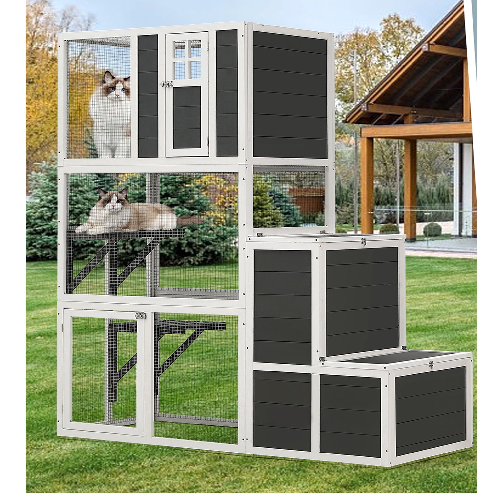Outdoor Catio Enclosure for Cats Clearance, 3-Tier Wooden Catio Enclosure for 3 Cats, Winter Cat Cage for Indoor with Resting Box, Platforms, Jump Box, 71"H, Gray