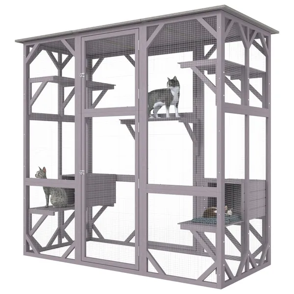 Outdoor Cat House 7 Tier Large Catio Enclosure with 5 Platforms 2 Resting Boxes and Large Front Door 71.2 x 34.6 x 66.5 Inches