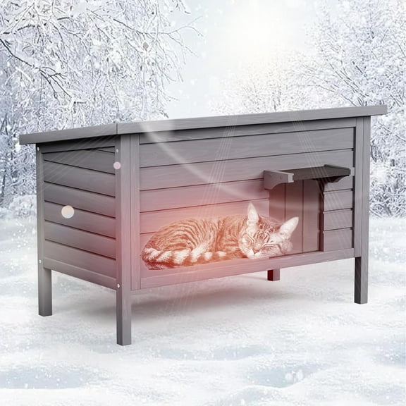 Outdoor Cat House with All-Round Foam Insulated, Warm for Winter Feral Cat Shelter, Weatherproof Large Wooden Outside Cat Shelter (Gray, 34.4 "L * 21.7" W * 27.2" H)