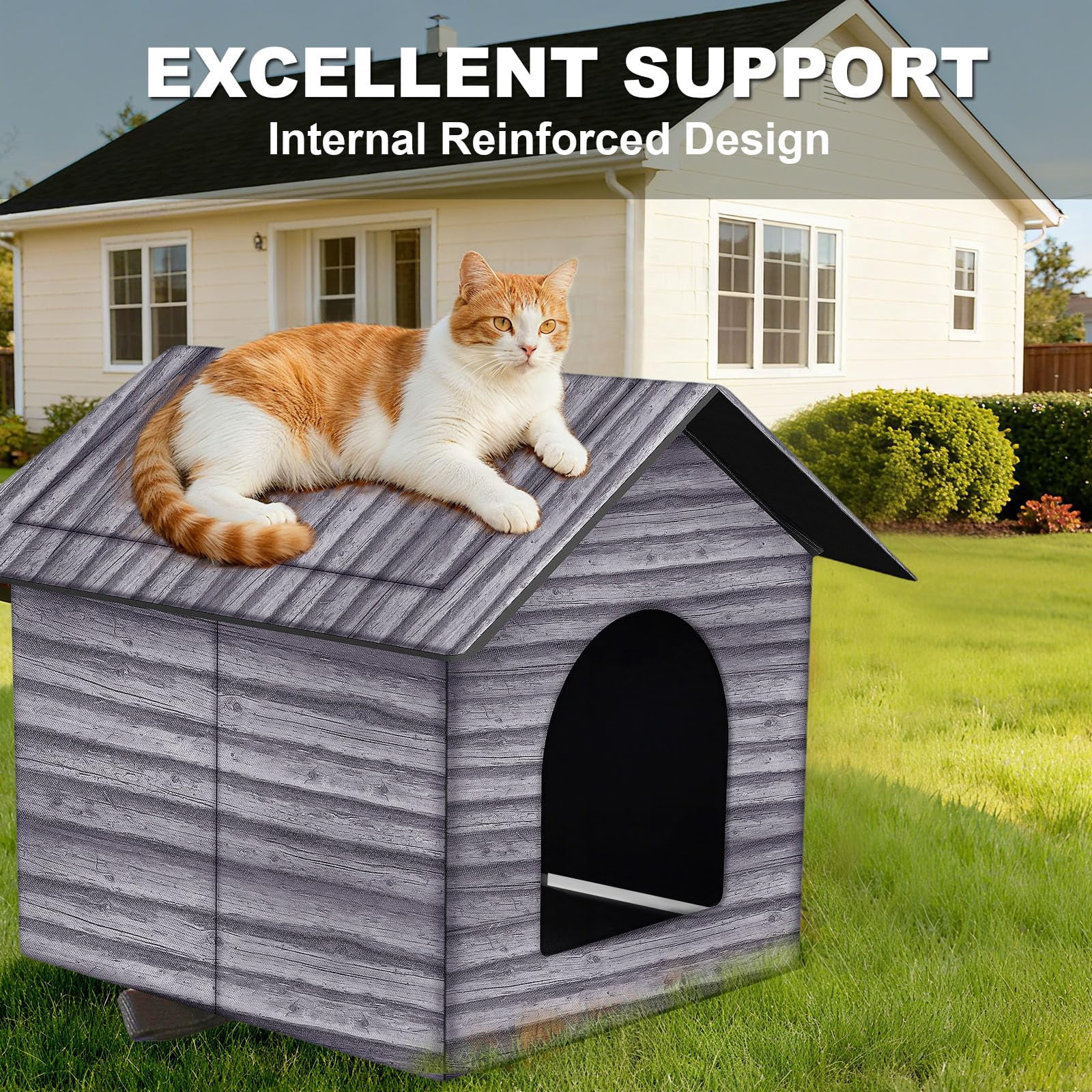 Outdoor Cat House Cat House for Outdoor and Indoor Use - Waterproof Shelter for Cats, Dogs, and Feral Animals (Grey Wood Color, Large)