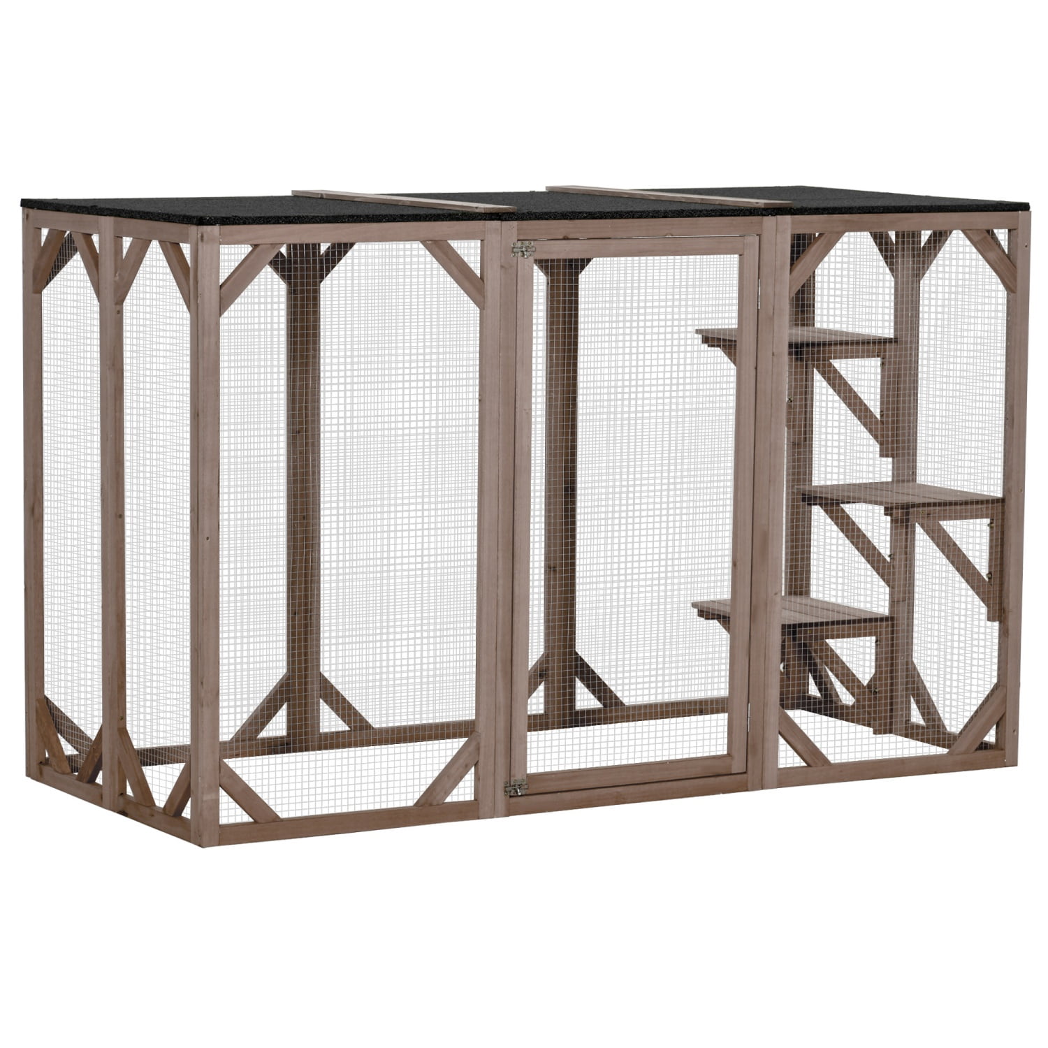 Outdoor Cat House, Catio Wooden Feral Cat Shelter, Cat Cage with Platforms, Large Enter Door, Weather Protection Asphalt Roof, 71" L, Brown