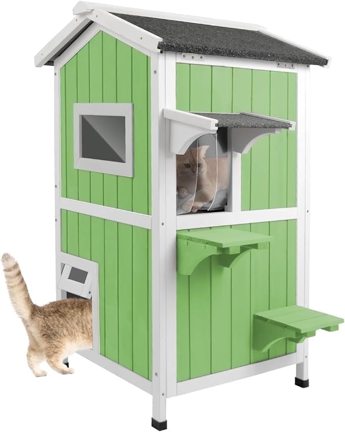 Gowoodhut Outdoor  House for Cats,Outside Feral Cats Shelter,Indoor Cat House,2 Story Wooden Kitten Cage with Weatherproof & Openable Roof, Escape Door,Removable Floors