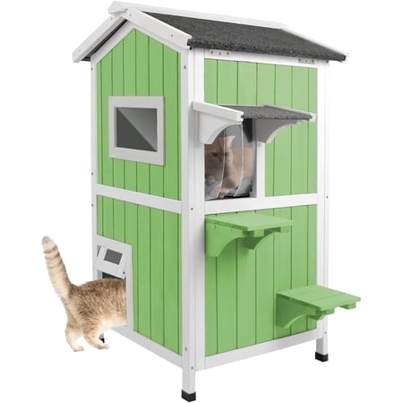 Gowoodhut Outdoor House for Cats,Outside Feral Cats Shelter,Indoor Cat House,2 Story Wooden Kitten Cage with Weatherproof & Openable Roof, Escape Door,Removable Floors