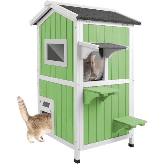 Gowoodhut Outdoor  House for Cats,Outside Feral Cats Shelter,Indoor Cat House,2 Story Wooden Kitten Cage with Weatherproof & Openable Roof, Escape Door,Removable Floors