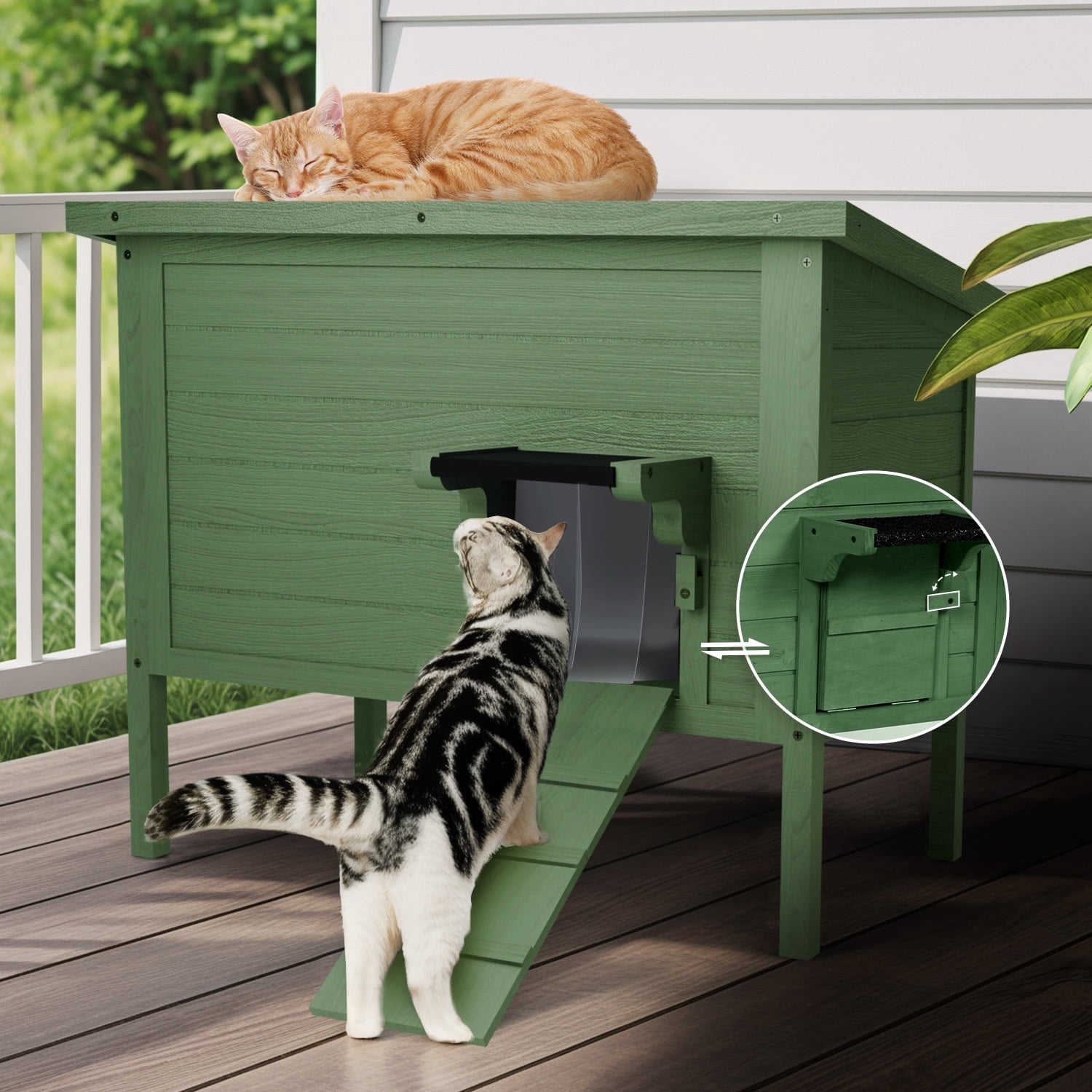 Outdoor Cat House Insulated for Multiple Cats, Weatherproof Large Wooden Pet House, Feral Cat Shelter, Foldable Ladder and Acrylic Side Window, Dark Green