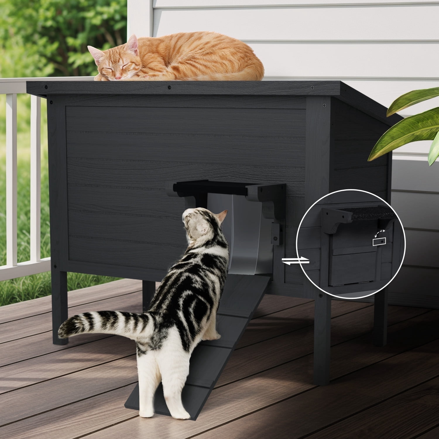 Outdoor Cat House Insulated for Multiple Cats, Weatherproof Large Wooden Pet House, Feral Cat Shelter, Foldable Ladder and Acrylic Side Window, Black