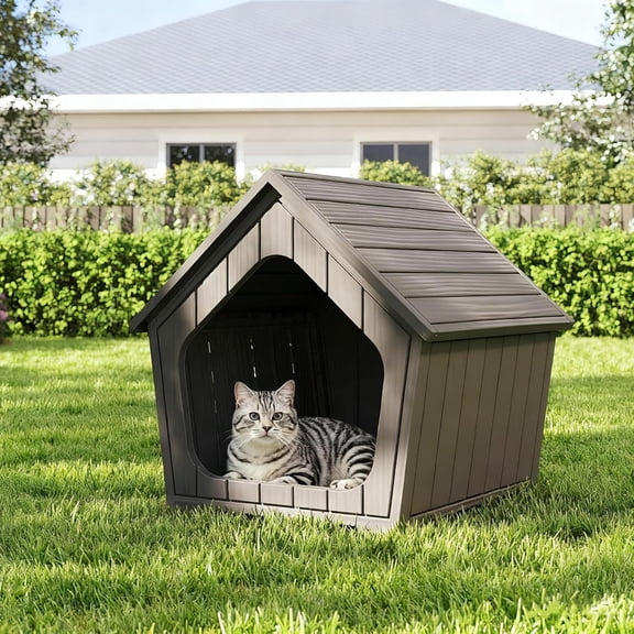 Outdoor Cat House & Rabbit Cage for Outdoor Indoor Cats, Outside Cats House,Small Pet Enclosure Weatherproof with Air Holes, Resin Insulated Material, Easy Assembly & Cleaning, Coffee