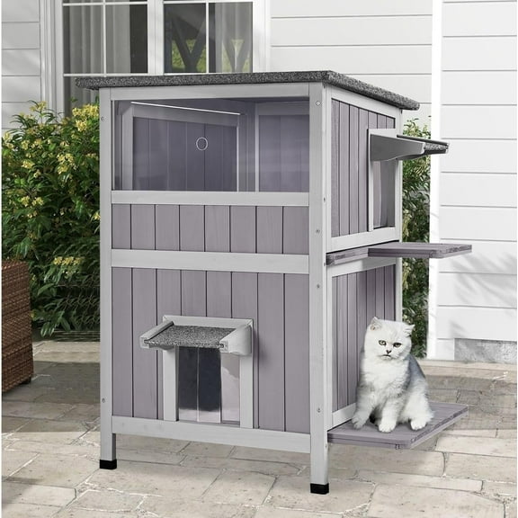 Outdoor Cat House Weatherproof, 2-Storys Feral Cat House with 2 Escape Doors and Window, Stray Cat Shelter with 2 Large Side Doors and Removable Floor