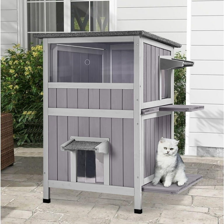 Outdoor Cat House Weatherproof, 2-Storys Feral Cat House with 2 Escape Doors and Window, Stray Cat Shelter with 2 Large Side Doors and Removable Floor