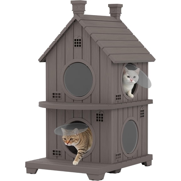 Outdoor Cat House Weatherproof, Durable Resin Cat Houses for Outdoor Indoor Cats, Outdoor Cat Enclosure Shelter with Elevated Base, Anti-Slip Pad, Ventilation, Double-Story, Grey