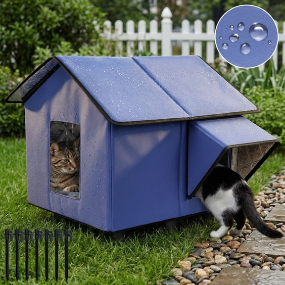 Outdoor Cat House Weatherproof with Escape Door, Insulated Cat Shelter with Rain Cover, Waterproof Stray Cat Bed for Outside Patio Garden All Season, Works with Heating Pad