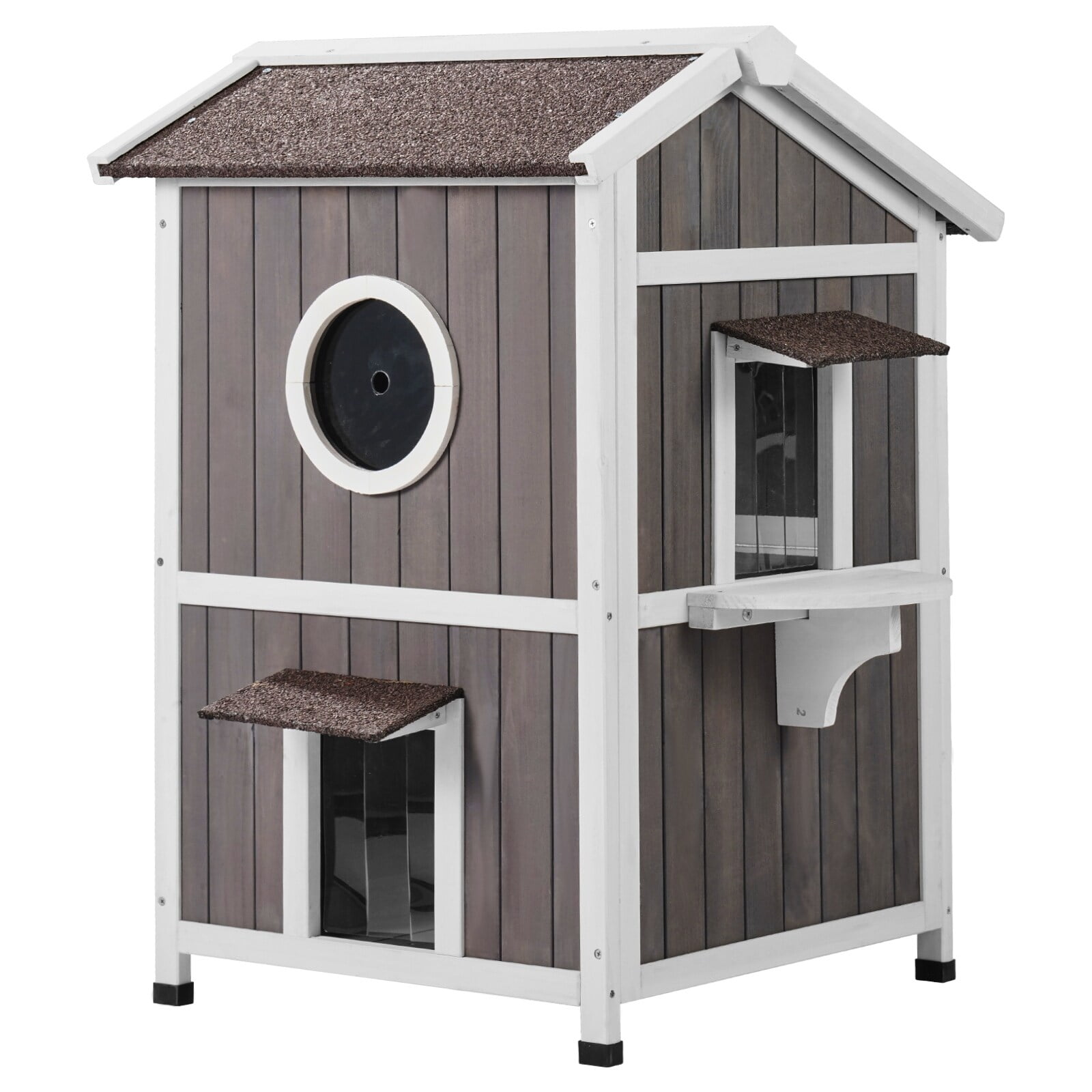 Gray and White 2-Story Wooden Outdoor Cat House with Windows