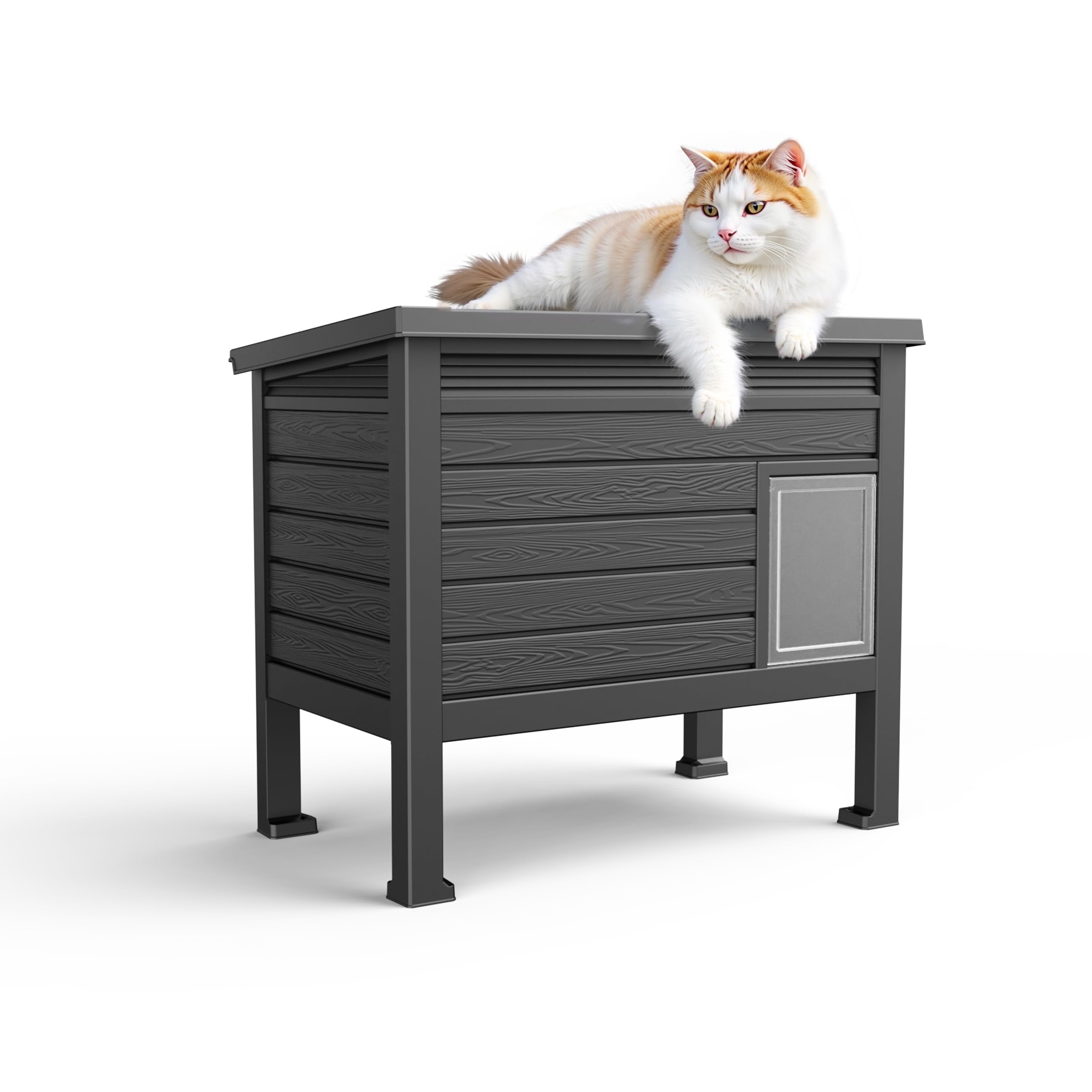 FICARTS Outdoor Cat House - Weatherproof Feral Cat Shelter with Raised Floor, Warm PP Material, Door, Easy Assembly - Black, Large
