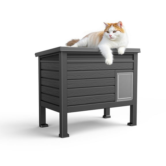 FICARTS Outdoor Cat House - Weatherproof Feral Cat Shelter with Raised Floor, Warm PP Material, Door, Easy Assembly - Black, Large