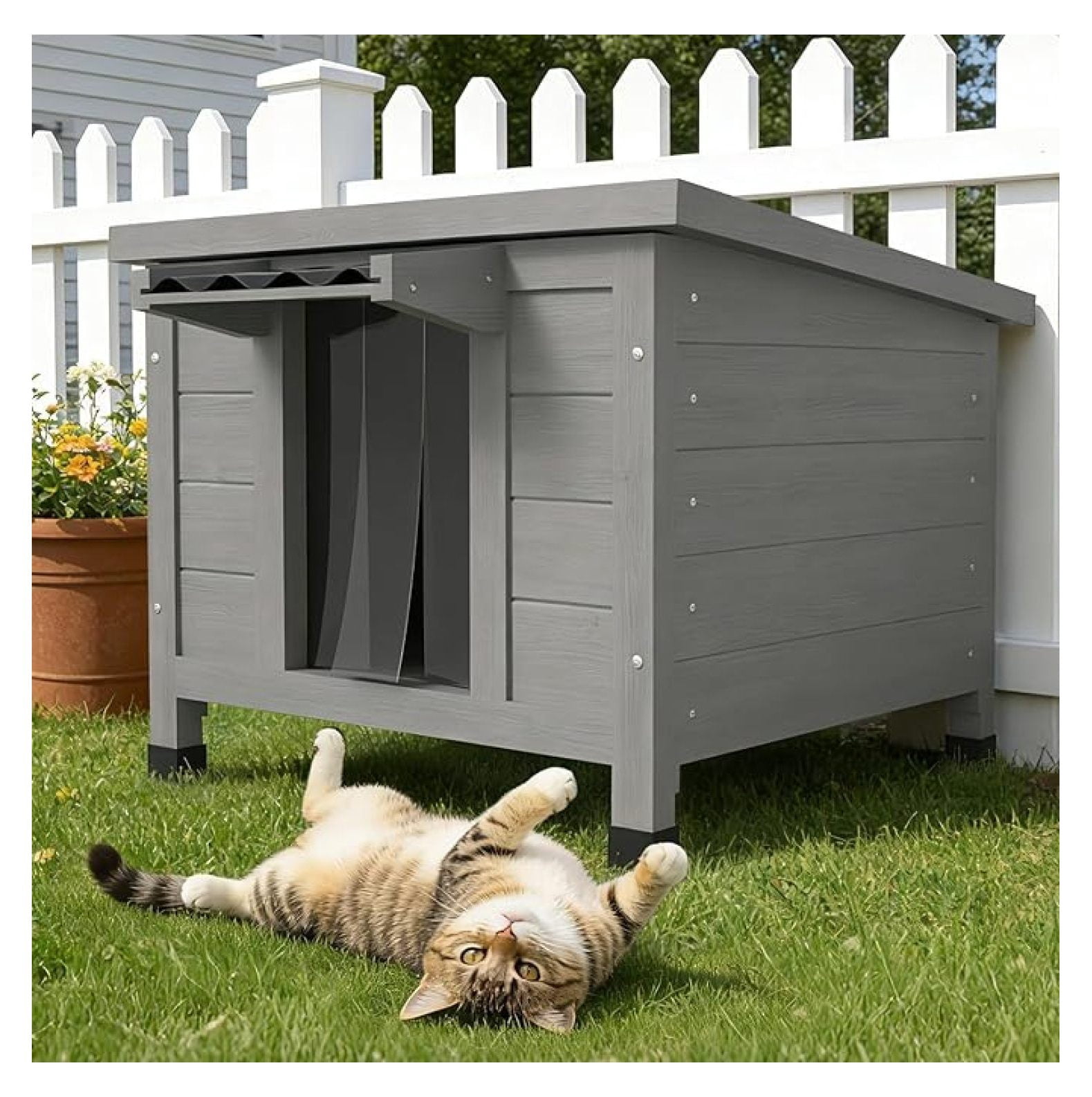 Outdoor Cat House Weatherproof, Large Feral Cat Shelter with Raised Floor, Sloped Roof & PVC Door Flaps, Wooden Outdoor Cat Enclosure for Feral Cats, 21.3" L x 19.9" W x 18.9" H, Grey
