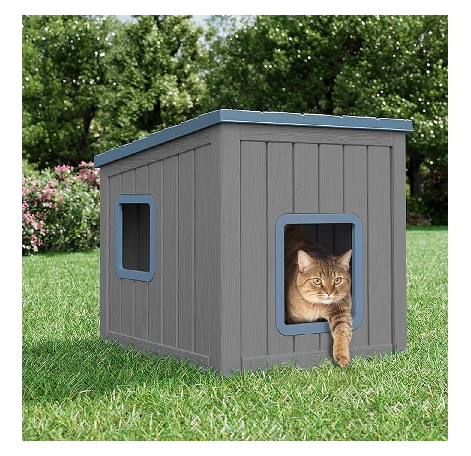 Outdoor Cat House – Weatherproof PP Shelter, UV Resistant, Sloped Roof Cat Condo for Garden & Patio (Blue, Large)