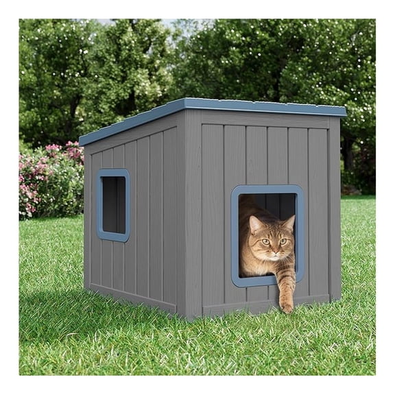 Outdoor Cat House – Weatherproof PP Shelter, UV Resistant, Sloped Roof Cat Condo for Garden & Patio (Blue, Large)