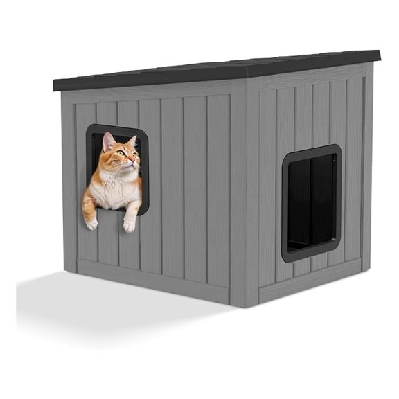 Outdoor Cat House Weatherproof, Plastic Feral Cat House with Dual Door, Insulated Cat Shelter for Garage, Patio, Backyards, Indoor(Black)