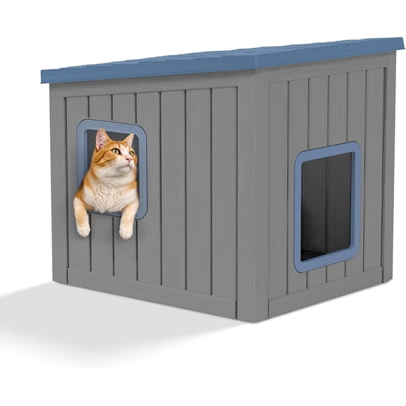 Outdoor Cat House Weatherproof, Plastic Feral Cat House with Dual Door, Insulated Cat Shelter for Garage, Patio, Backyards, Indoor(Blue)