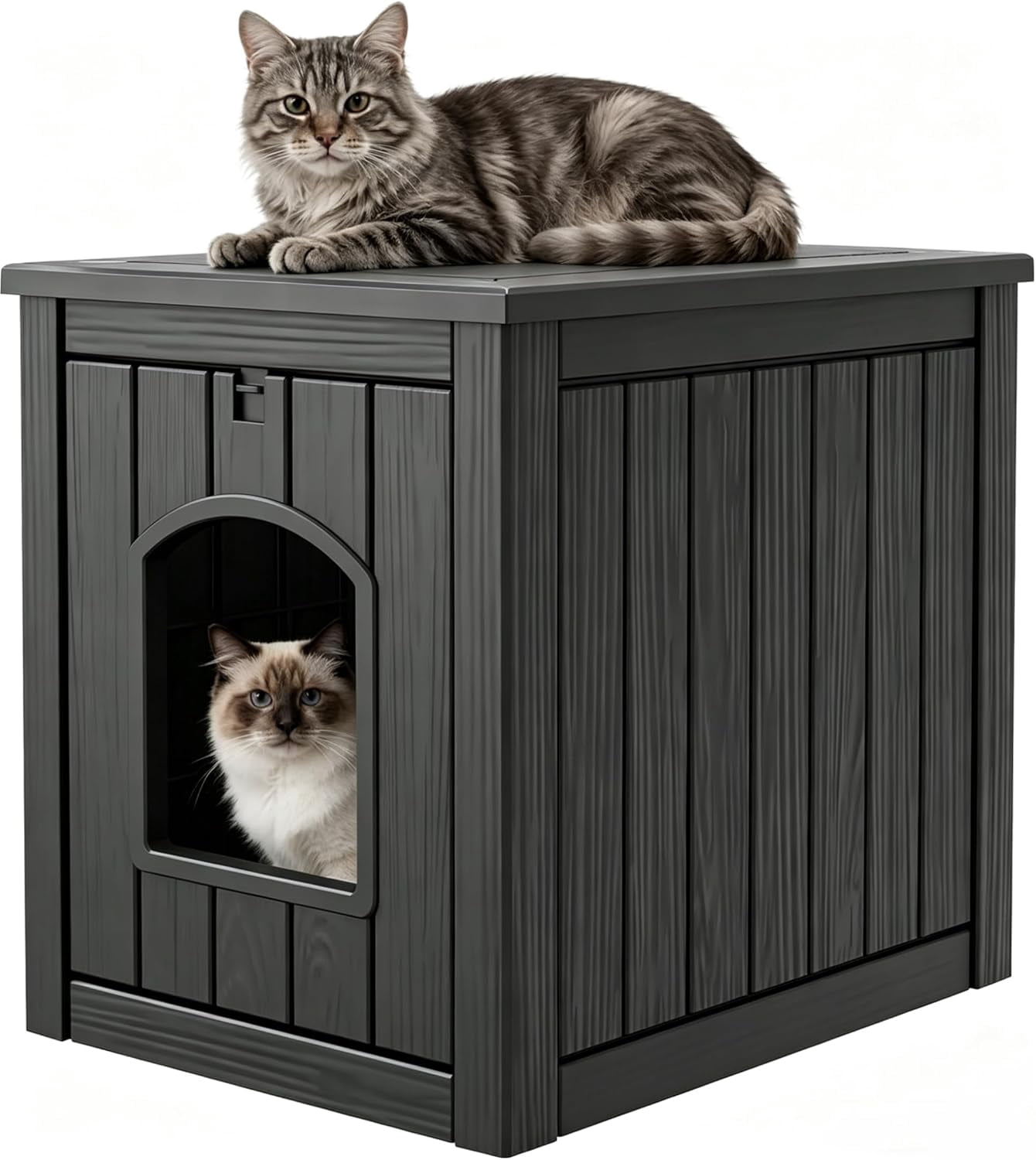 Outdoor Cat House Weatherproof - Premium Resin Cat Shelter for Outdoor/Indoor Cats, Spacious Feral Cat House with Easy Assembly, Stylish Design for Garden, Patio & Backyard，Black