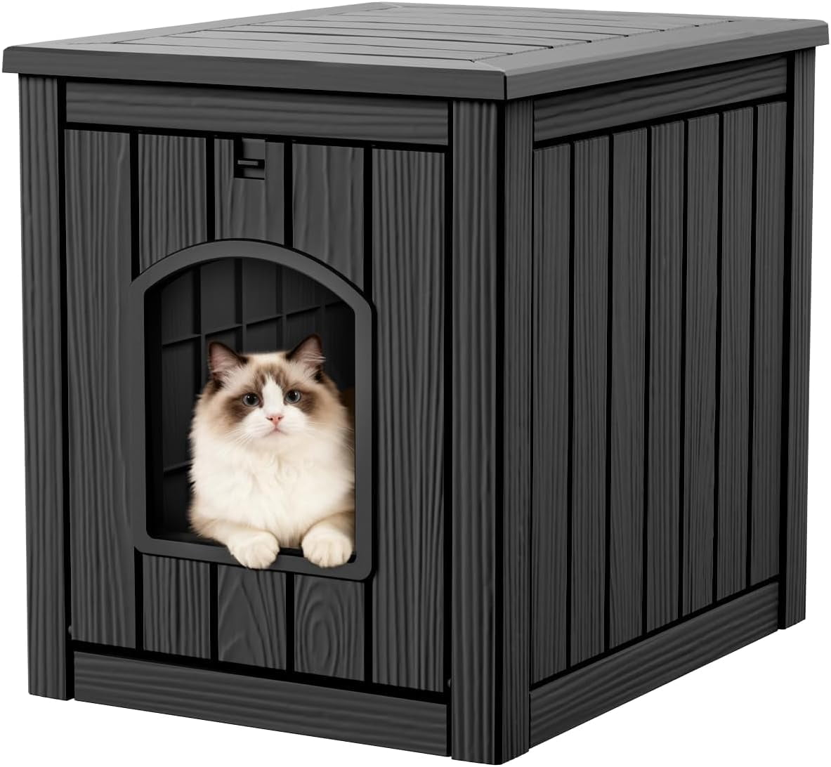 Outdoor Cat House Weatherproof,Resin Waterproof Cat Shelter for Outside, Durable All-Weather Insulated Shelter for Outdoor & Indoor Cats, Easy Assembly(Black)