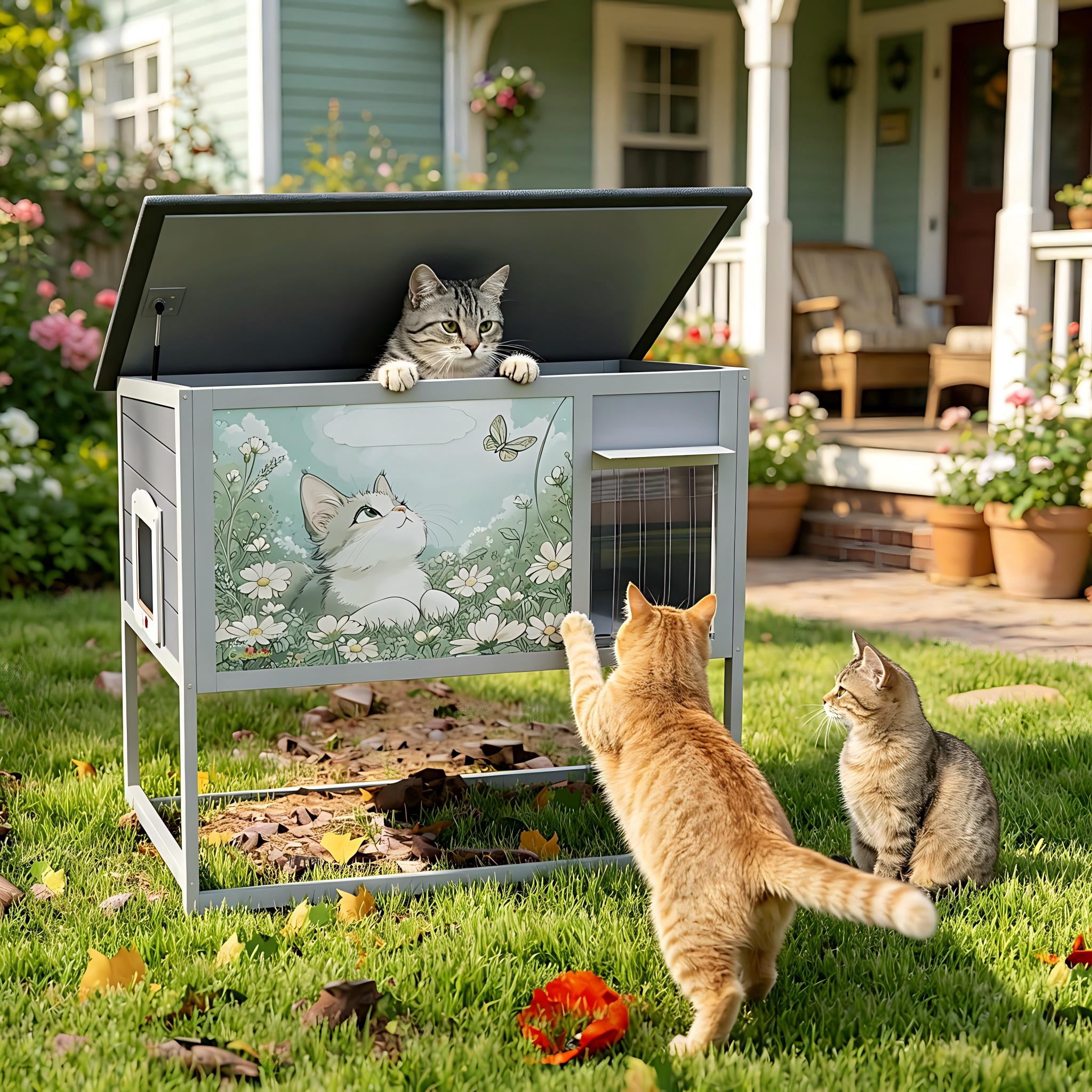 Outdoor Cat House, Wood Cat Enclosure with Elevated Leg Frame, Openable Roof, Curtained Door, Escape Door, Weatherproof Pet Condo for Feral Cats, Gray