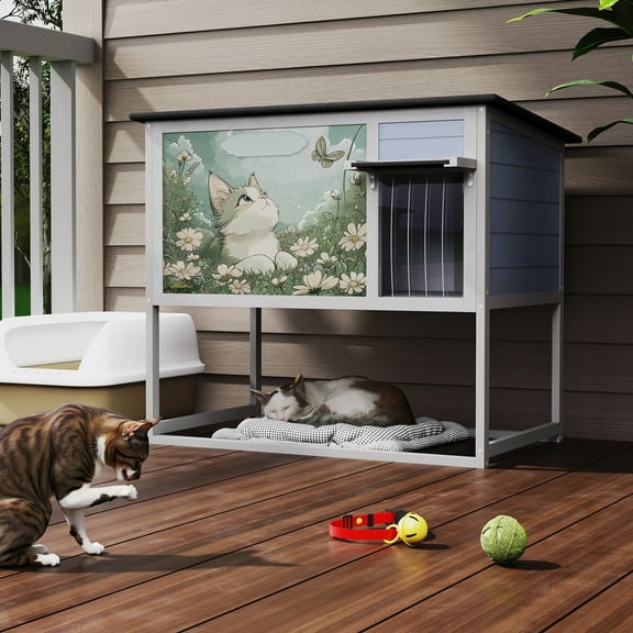 Outdoor Cat House, Wood Cat Enclosure with Elevated Leg Frame, Openable Roof, Curtained Door, Escape Door, Weatherproof Pet Condo for Feral Cats, Gray