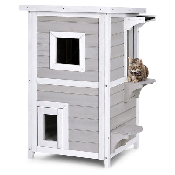 Outdoor Cat House Wooden, 2-Story Outside Cat Shelter Condo Enclosure with Escape Door, Openable Asphalt Roof, Jumping Platform, Weatherproof Cat Houses for Feral Cats