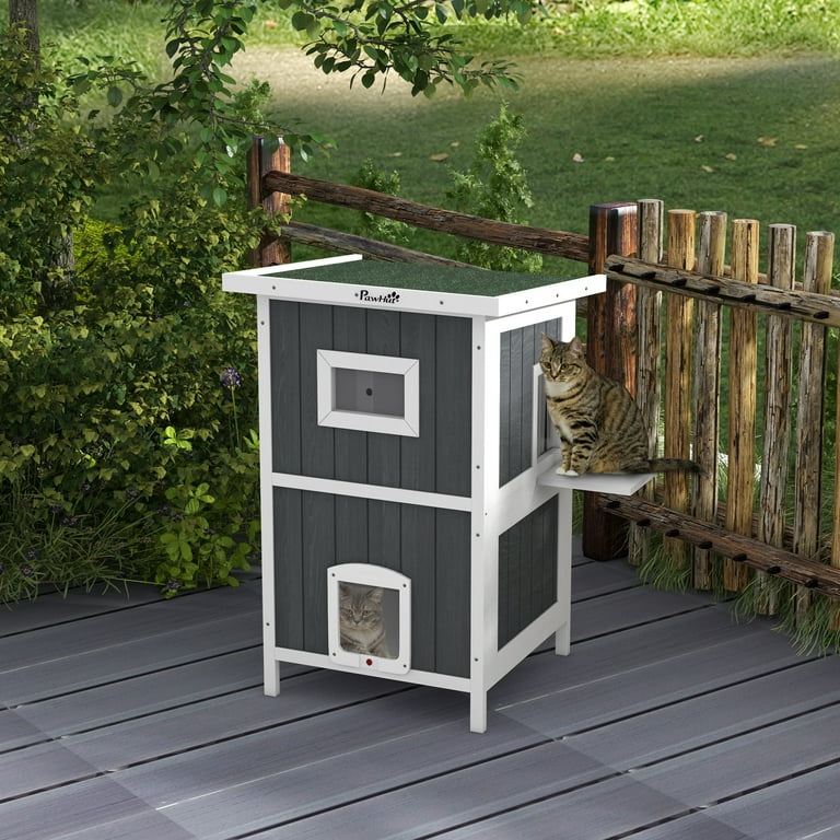 PawHut Outdoor Cat House, Wooden Feral Cat House Tiers Cat - Main Image