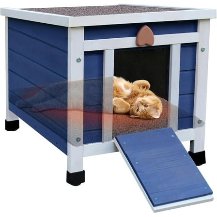 Outdoor Cat House with Self-Warming Mat, Weatherproof Cat House for Feral Cat, Cat Houses for Outdoor Cats (Blue House with Mat)