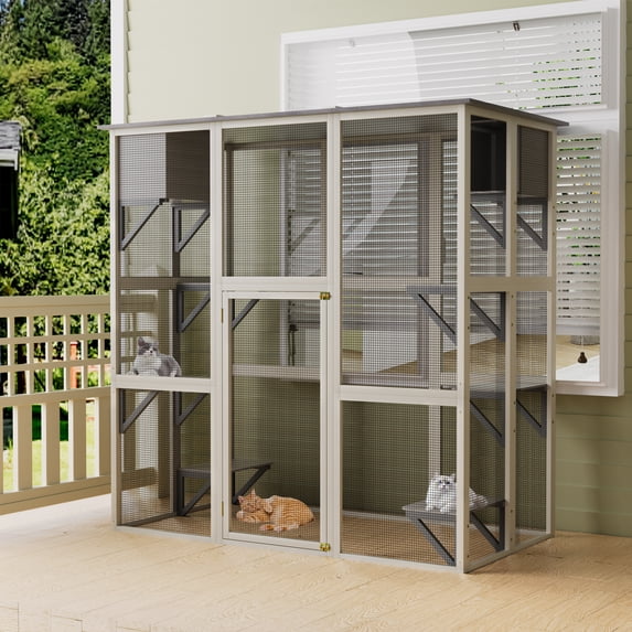 Outdoor Catio, Cat Enclosure with 6 Platforms and 2 Napping Boxes, Weatherproof Asphalt Roof and Safety Latches, Spacious Walk-In Cat House for Outdoor Use, 70.9 Inch Gray