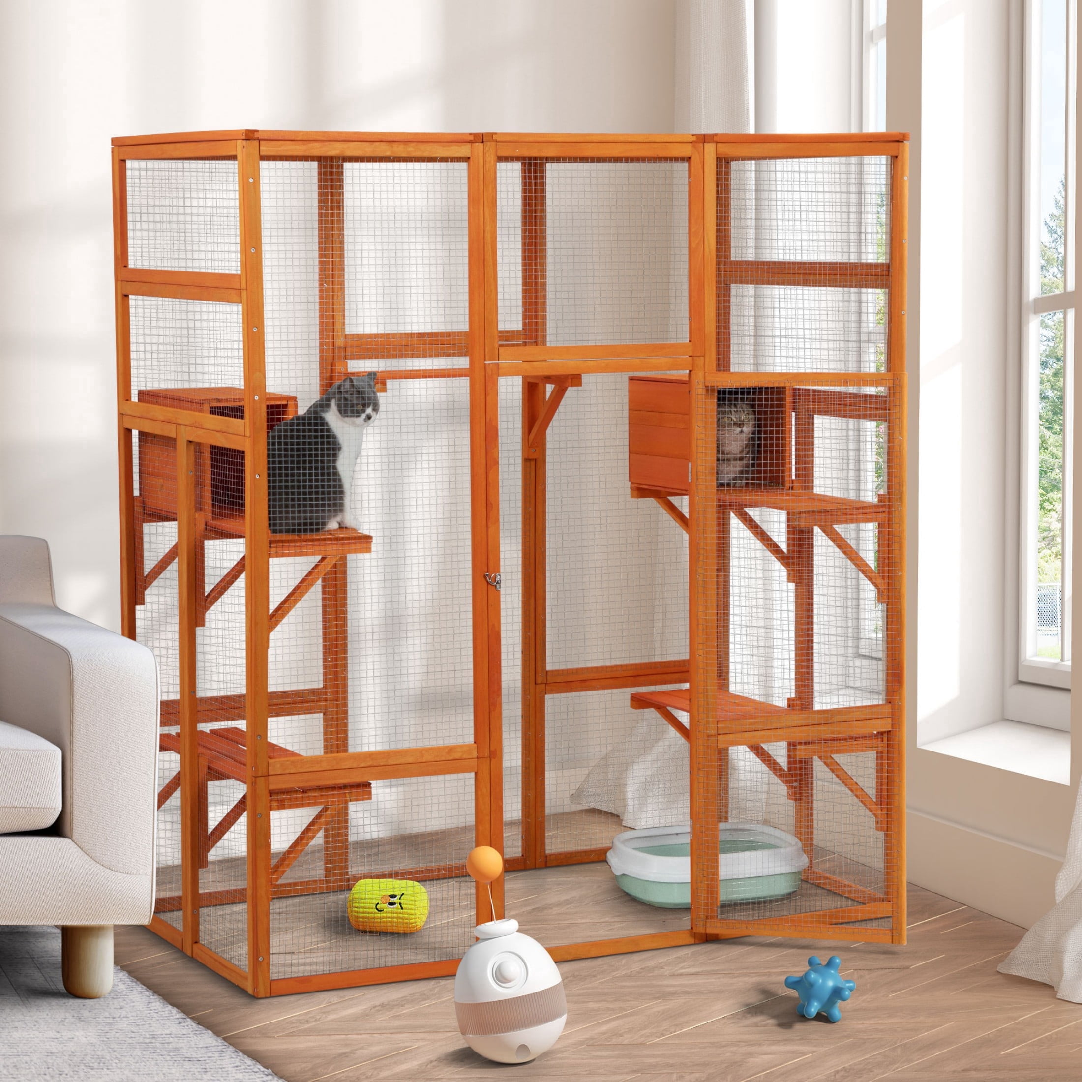 Outdoor Catio Cat Enclosure, Large Wooden Cat House with 6 Jumping Platforms, Scratching Post, 2 Ramps, Waterproof Roof, Cat Cage Window Access for 2-3 Kittens, 99" H, Orange