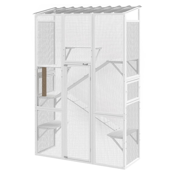 Outdoor Catio Cat Enclosure, Large Wooden Cat House for 2-3 Cats, 6 Platforms & Scratching Post
