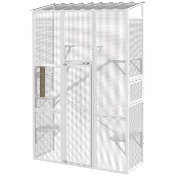Outdoor Catio Enclosure, Large Wooden Cat House with 6 Jumping Platforms, Scratching Post, 2 Ramps, for 2-3 Cats